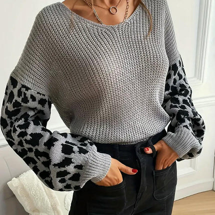 Womens Knitted V Neck Sweaters Leopard Long Sleeve Pullover Sweater