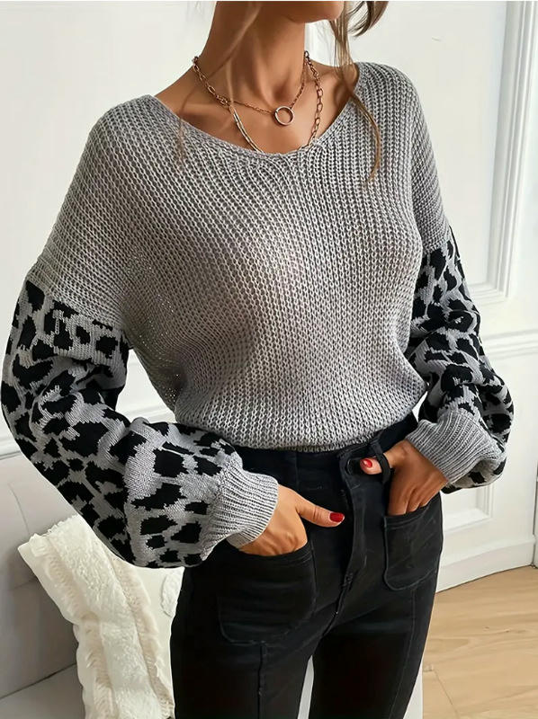 Womens Knitted V Neck Sweaters Leopard Long Sleeve Pullover Sweater