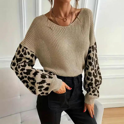 Womens Knitted V Neck Sweaters Leopard Long Sleeve Pullover Sweater