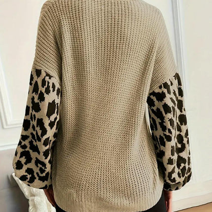 Womens Knitted V Neck Sweaters Leopard Long Sleeve Pullover Sweater
