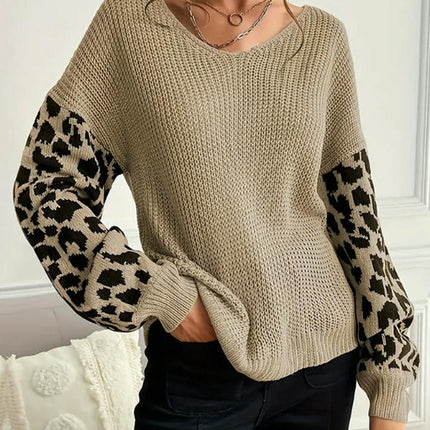 Womens Knitted V Neck Sweaters Leopard Long Sleeve Pullover Sweater