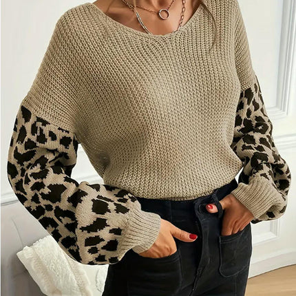 Womens Knitted V Neck Sweaters Leopard Long Sleeve Pullover Sweater