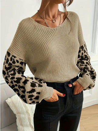 Womens Knitted V Neck Sweaters Leopard Long Sleeve Pullover Sweater