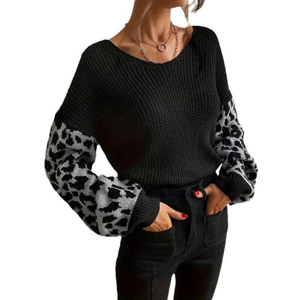 Womens Knitted V Neck Sweaters Leopard Long Sleeve Pullover Sweater