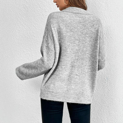 Long Sleeve Sweaters for Women Fall Polo V-Neck Knitted Pullover Tops
