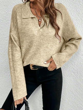 Long Sleeve Sweaters for Women Fall Polo V-Neck Knitted Pullover Tops