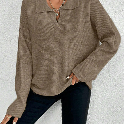 Long Sleeve Sweaters for Women Fall Polo V-Neck Knitted Pullover Tops