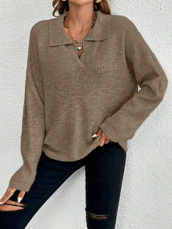 Long Sleeve Sweaters for Women Fall Polo V-Neck Knitted Pullover Tops