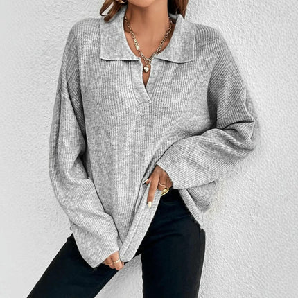 Long Sleeve Sweaters for Women Fall Polo V-Neck Knitted Pullover Tops