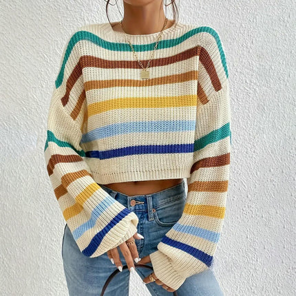Women's Stripe Crewneck Cropped Sweater Long Sleeve Knit Pullover Jumper Tops