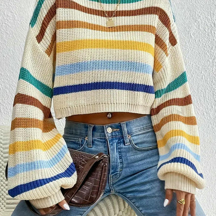 Women's Stripe Crewneck Cropped Sweater Long Sleeve Knit Pullover Jumper Tops