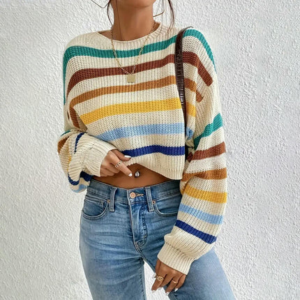 Women's Stripe Crewneck Cropped Sweater Long Sleeve Knit Pullover Jumper Tops