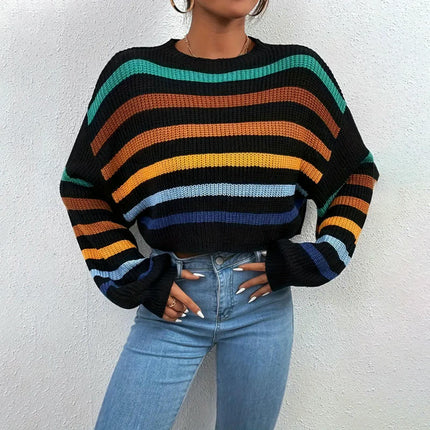 Women's Stripe Crewneck Cropped Sweater Long Sleeve Knit Pullover Jumper Tops