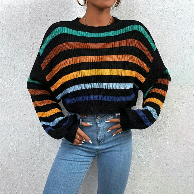Women's Stripe Crewneck Cropped Sweater Long Sleeve Knit Pullover Jumper Tops