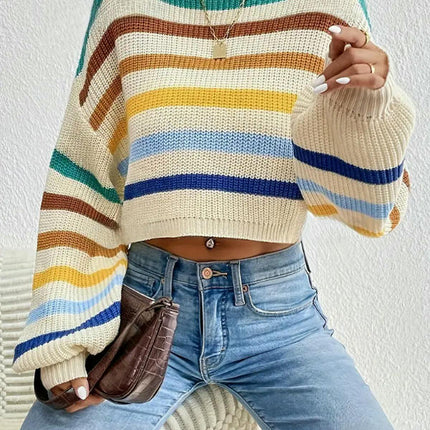 Women's Stripe Crewneck Cropped Sweater Long Sleeve Knit Pullover Jumper Tops