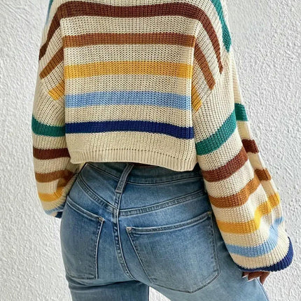 Women's Stripe Crewneck Cropped Sweater Long Sleeve Knit Pullover Jumper Tops