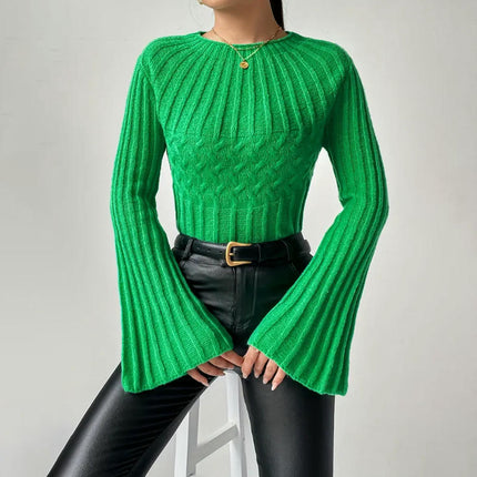 Womens Crewneck Bell Long Sleeve Knitted Pullover Sweater