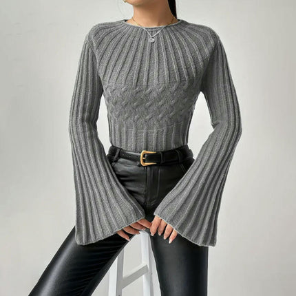 Womens Crewneck Bell Long Sleeve Knitted Pullover Sweater