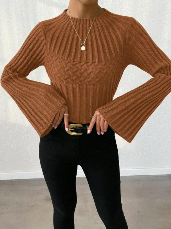 Womens Crewneck Bell Long Sleeve Knitted Pullover Sweater