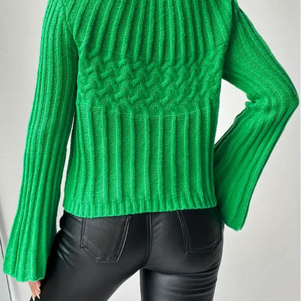 Womens Crewneck Bell Long Sleeve Knitted Pullover Sweater