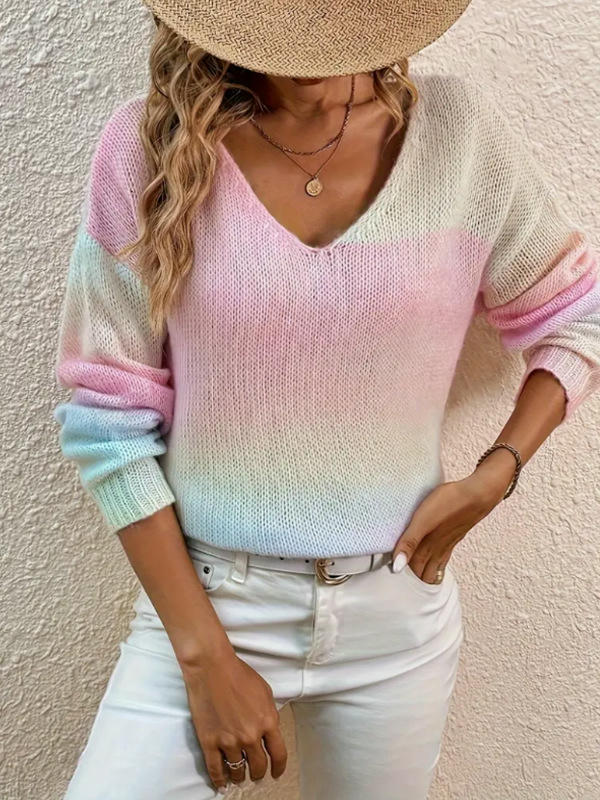 Color Block Sweaters for Women V Neck Long Sleeve Knit Jumper Pullover Tops