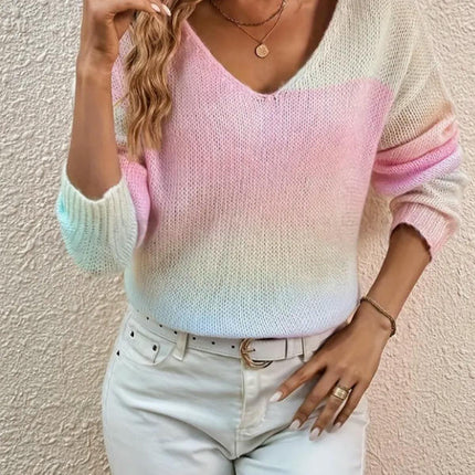 Color Block Sweaters for Women V Neck Long Sleeve Knit Jumper Pullover Tops