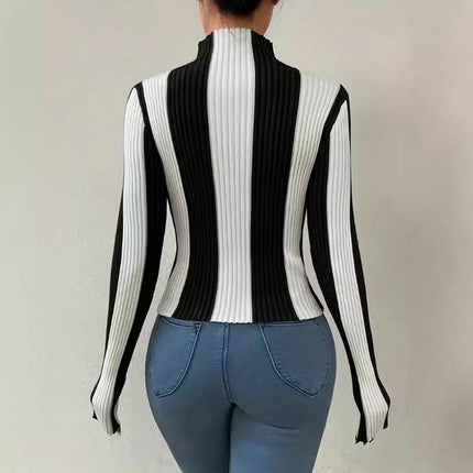 Womens Turtleneck Sweater Fall Long Sleeve Color Block Knit Pullover Tops