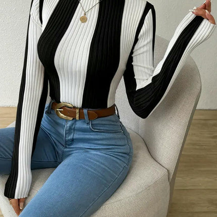 Womens Turtleneck Sweater Fall Long Sleeve Color Block Knit Pullover Tops