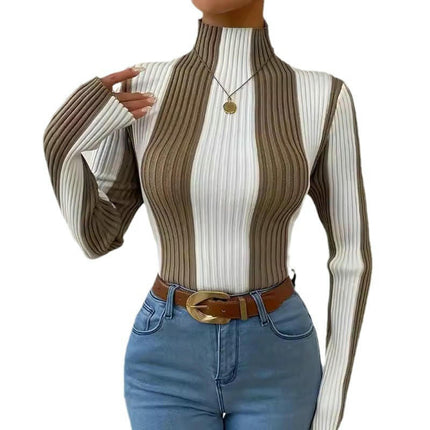 Womens Turtleneck Sweater Fall Long Sleeve Color Block Knit Pullover Tops
