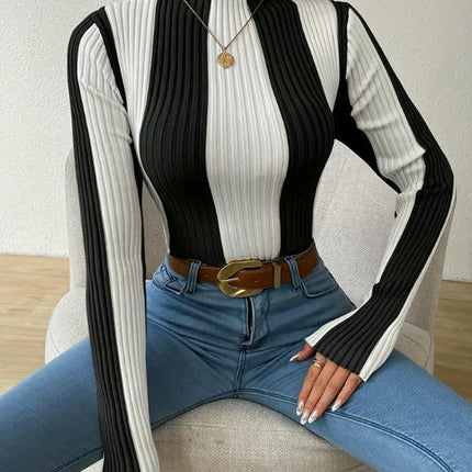 Womens Turtleneck Sweater Fall Long Sleeve Color Block Knit Pullover Tops
