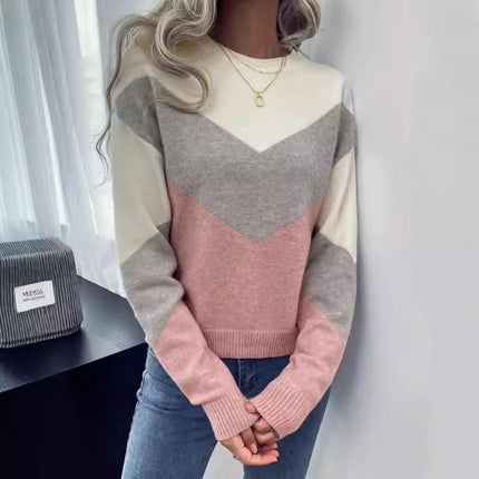 Women's Casual Long Sleeve Crewneck Sweaters Knit Pullover Color Block Jumper Tops