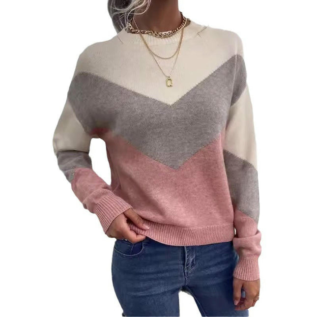 Women's Casual Long Sleeve Crewneck Sweaters Knit Pullover Color Block Jumper Tops