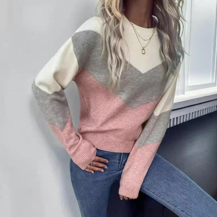 Women's Casual Long Sleeve Crewneck Sweaters Knit Pullover Color Block Jumper Tops