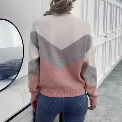 Women's Casual Long Sleeve Crewneck Sweaters Knit Pullover Color Block Jumper Tops