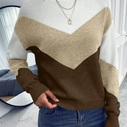 Women's Casual Long Sleeve Crewneck Sweaters Knit Pullover Color Block Jumper Tops
