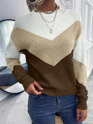 Women's Casual Long Sleeve Crewneck Sweaters Knit Pullover Color Block Jumper Tops
