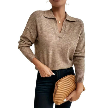 Women's Polo Neck Sweater Long Sleeve Knitted Pullover Fall Tops