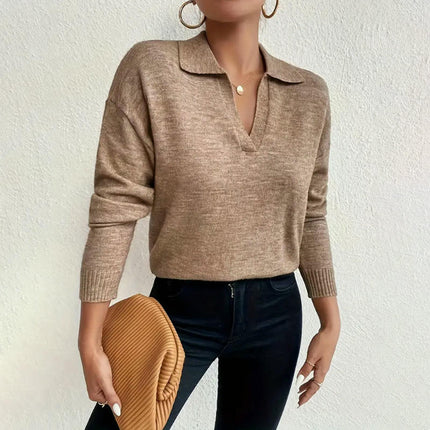 Women's Polo Neck Sweater Long Sleeve Knitted Pullover Fall Tops