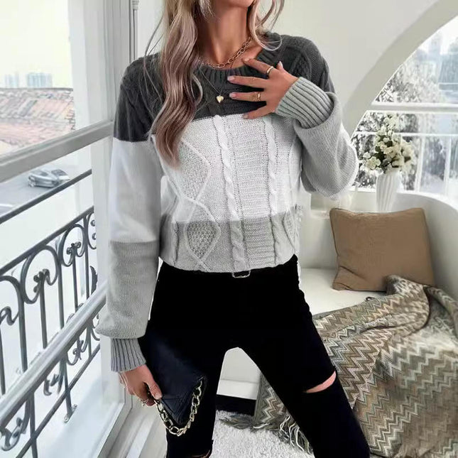 Women's Cable Knit Color Block Crew Neck Long Sleeve Pullover Sweaters