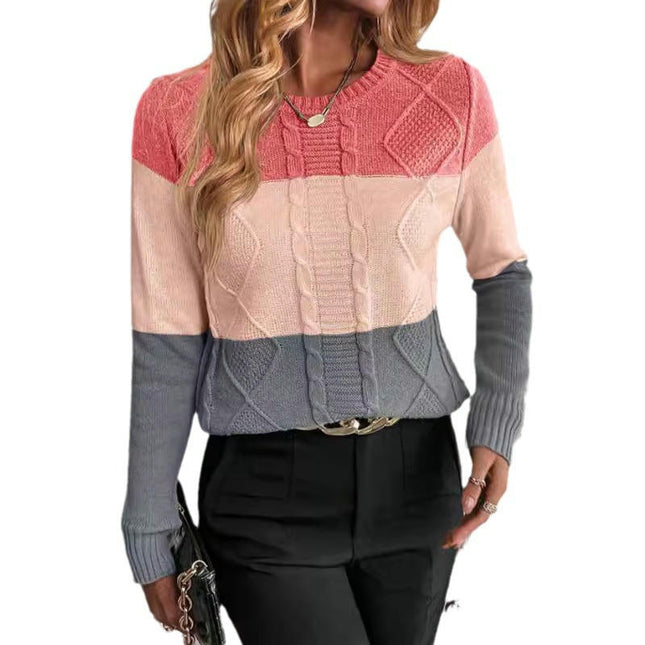 Women's Cable Knit Color Block Crew Neck Long Sleeve Pullover Sweaters