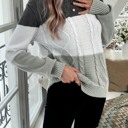 Women's Cable Knit Color Block Crew Neck Long Sleeve Pullover Sweaters