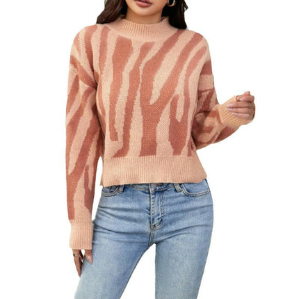 Women Long Sleeve Color Block Knit Pullover Sweaters Mock Neck Jumper Tops