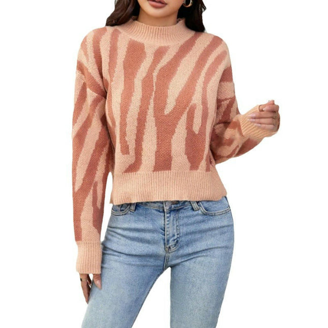 Women Long Sleeve Color Block Knit Pullover Sweaters Mock Neck Jumper Tops