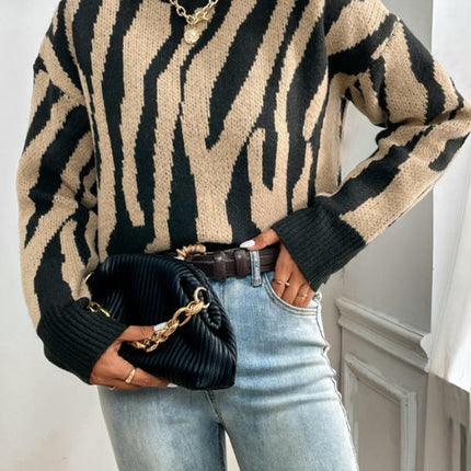 Women Long Sleeve Color Block Knit Pullover Sweaters Mock Neck Jumper Tops