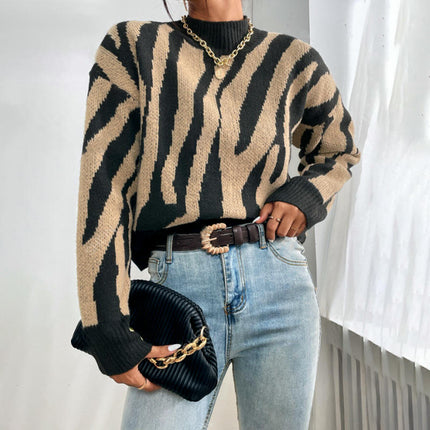 Women Long Sleeve Color Block Knit Pullover Sweaters Mock Neck Jumper Tops