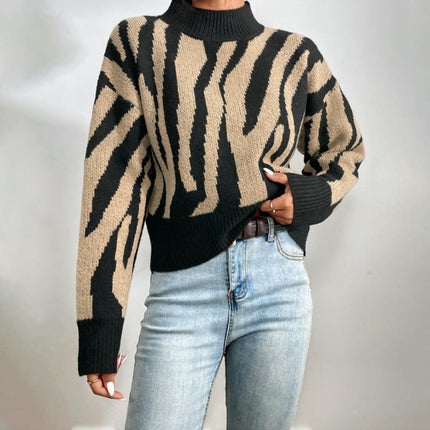 Women Long Sleeve Color Block Knit Pullover Sweaters Mock Neck Jumper Tops