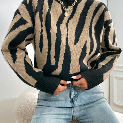 Women Long Sleeve Color Block Knit Pullover Sweaters Mock Neck Jumper Tops