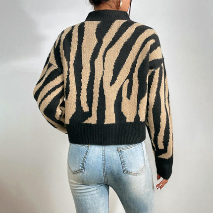 Women Long Sleeve Color Block Knit Pullover Sweaters Mock Neck Jumper Tops