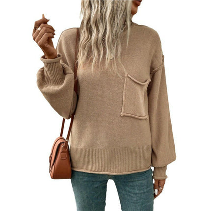 Women Crewneck Long Sleeve Knitted Sweater Loose Fit Soft Solid Pullover Tops