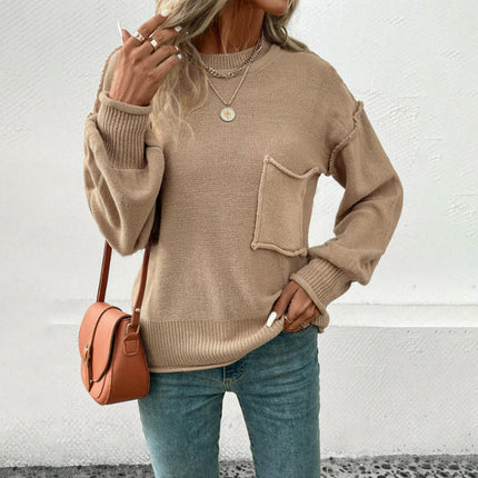 Women Crewneck Long Sleeve Knitted Sweater Loose Fit Soft Solid Pullover Tops